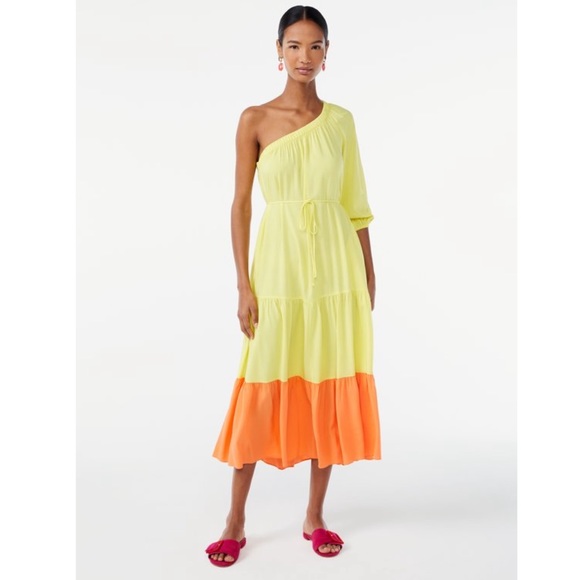 Scoop NYC Dresses & Skirts - Scoop One Shoulder Color Block Maxi Dress with Tie Front